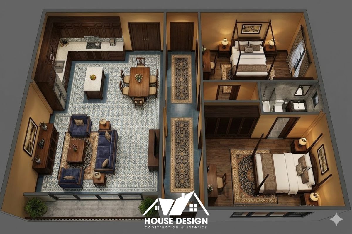 Bản vẽ 3D căn hộ phong cách Indochine phân chia khu vực rõ ràng