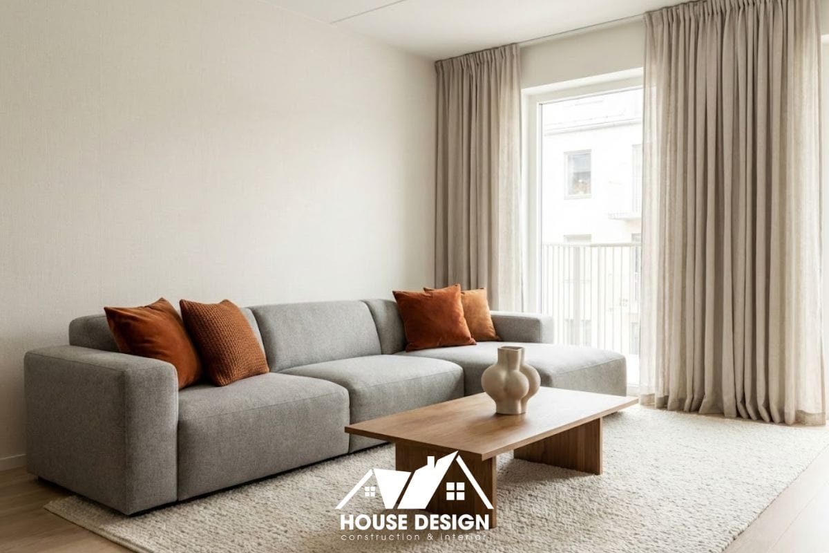 Mẫu phòng khách áp dụng quy tắc 60-30-10 với tường trắng, sofa xám và gối trang trí màu cam đất làm điểm nhấn.