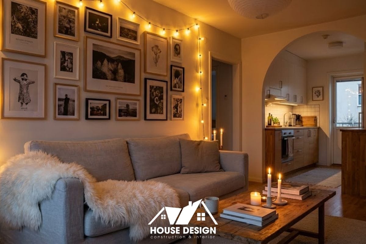 hông gian sống phong cách hygge với thảm lông và đèn vàng