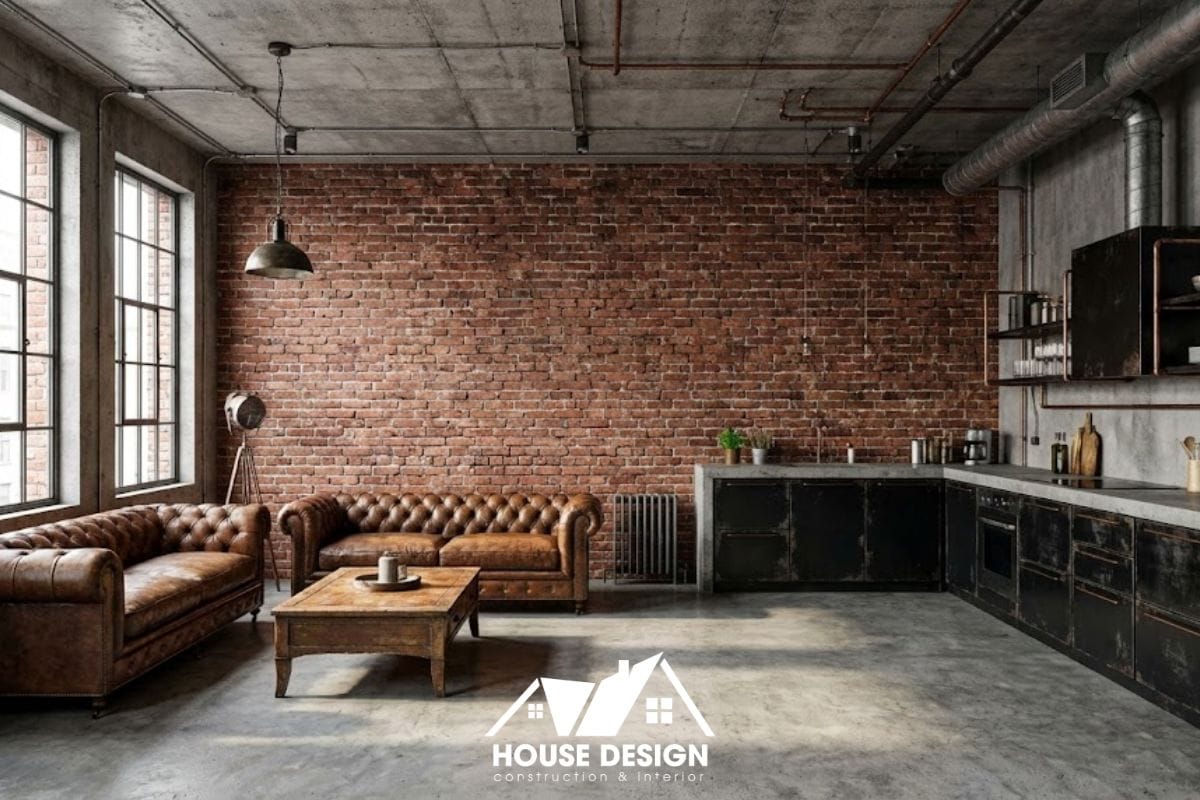 mảng tường gạch đỏ thô trong thiết kế nội thất industrial