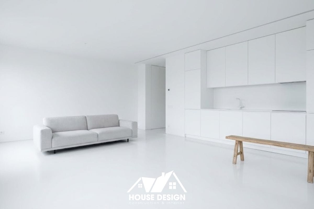 thiết kế phòng khách liền bếp chung cư tối giản tông màu trắng