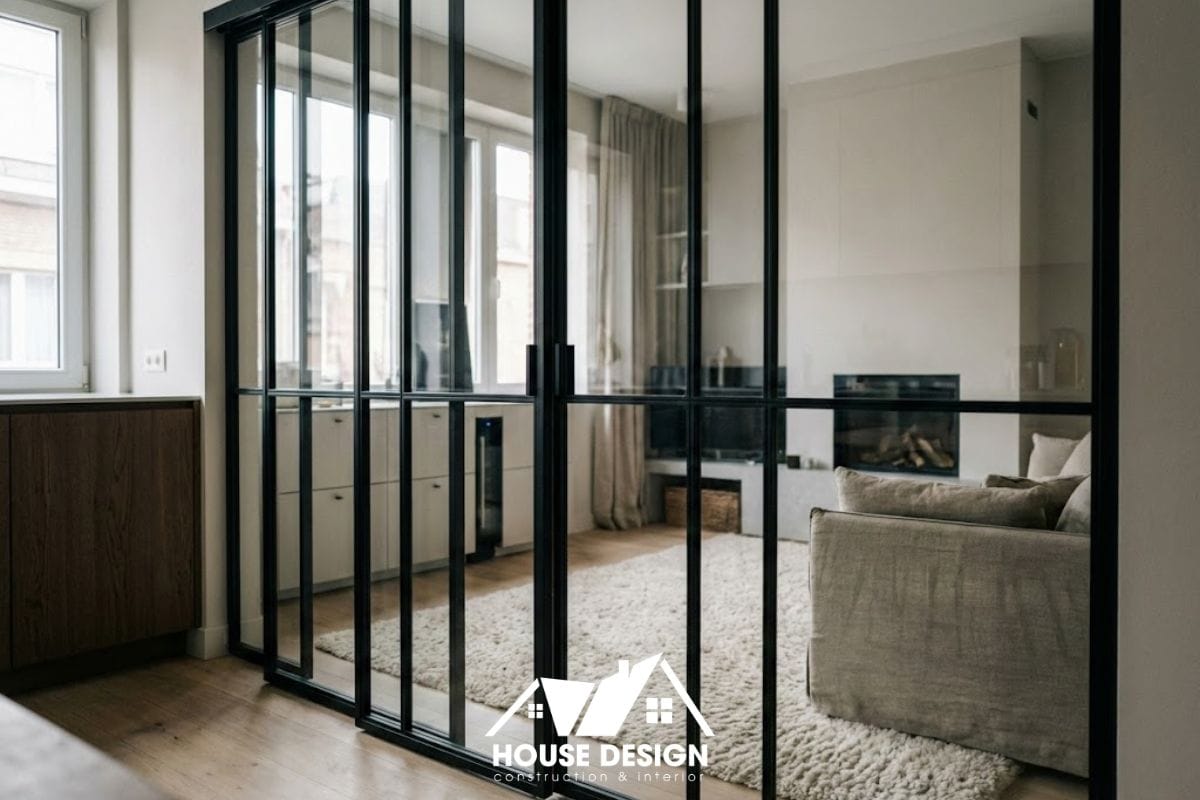 vách ngăn kính trượt giữa phòng khách và bếp phong cách hiện đại