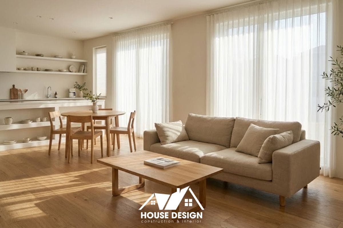 không gian tối giản ấm áp với sàn và nội thất gỗ sồi