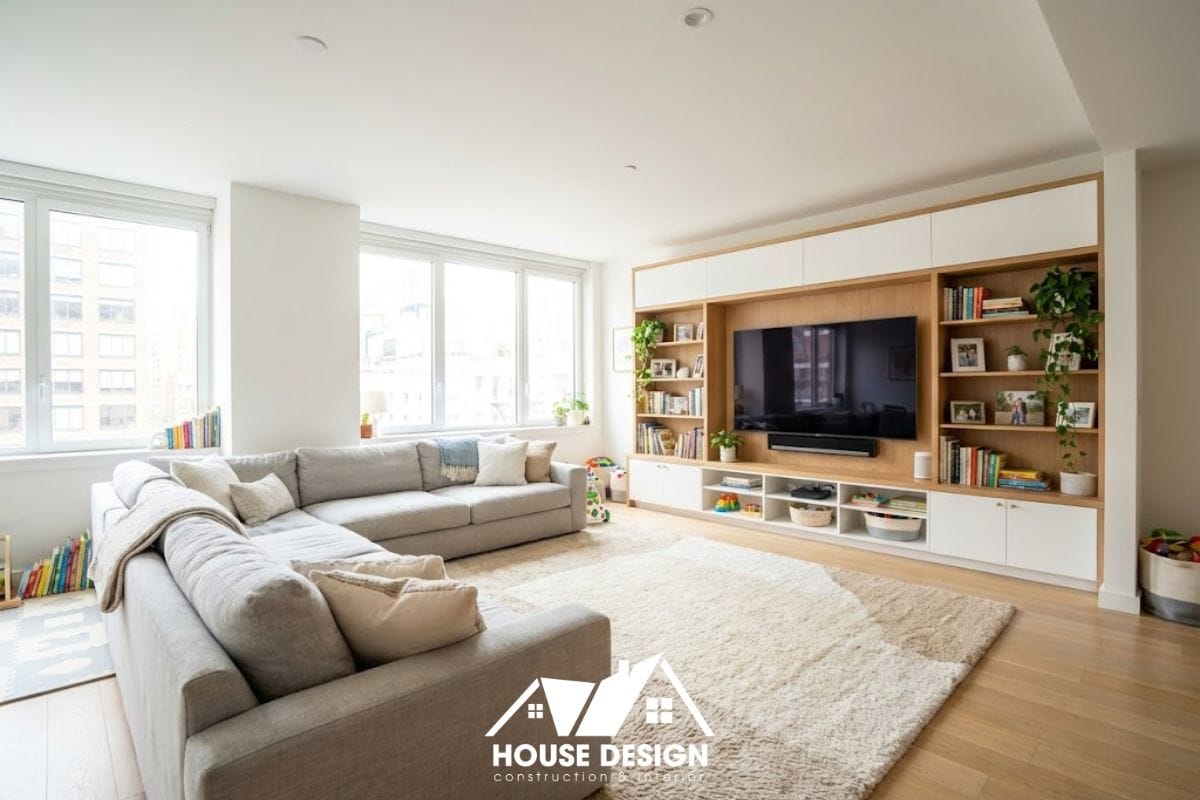 Phòng khách rộng rãi với sofa chữ L lớn cho gia đình trong chung cư 2 phòng ngủ.