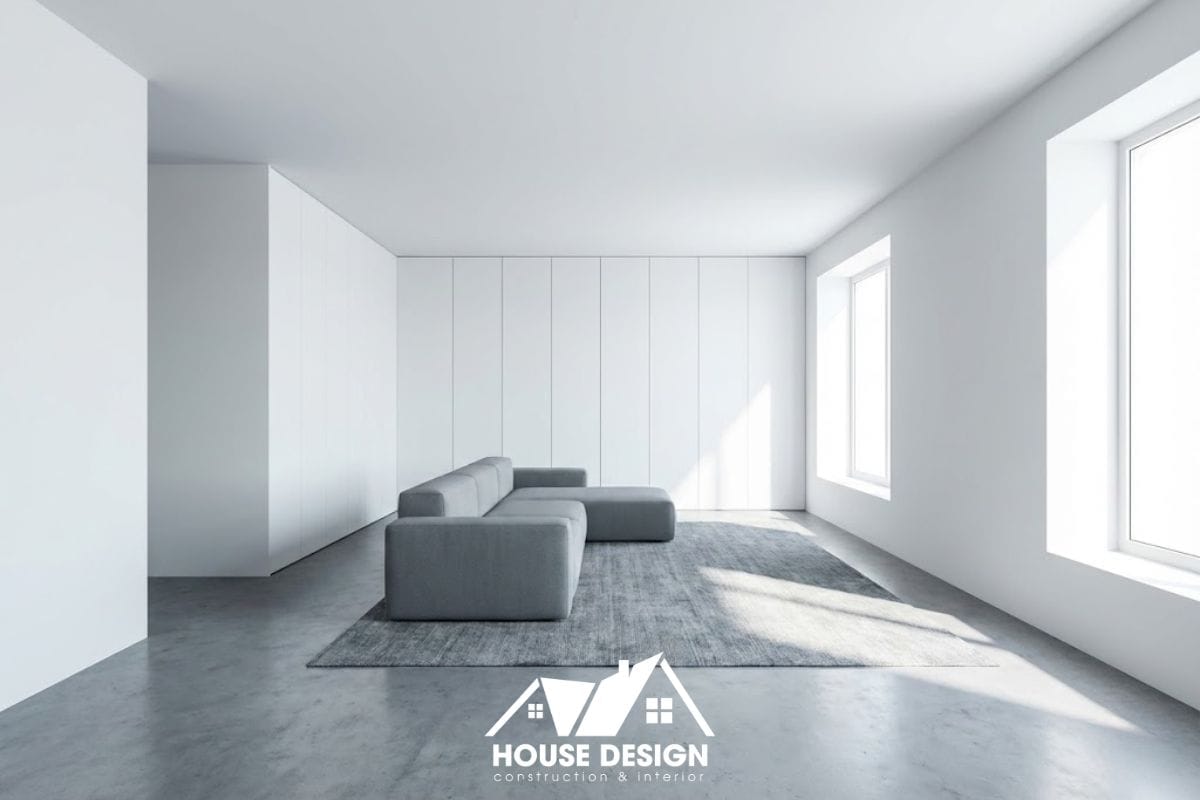 Phòng khách chung cư phong cách Minimalism với tông màu trắng chủ đạo và đường nét sắc sảo.