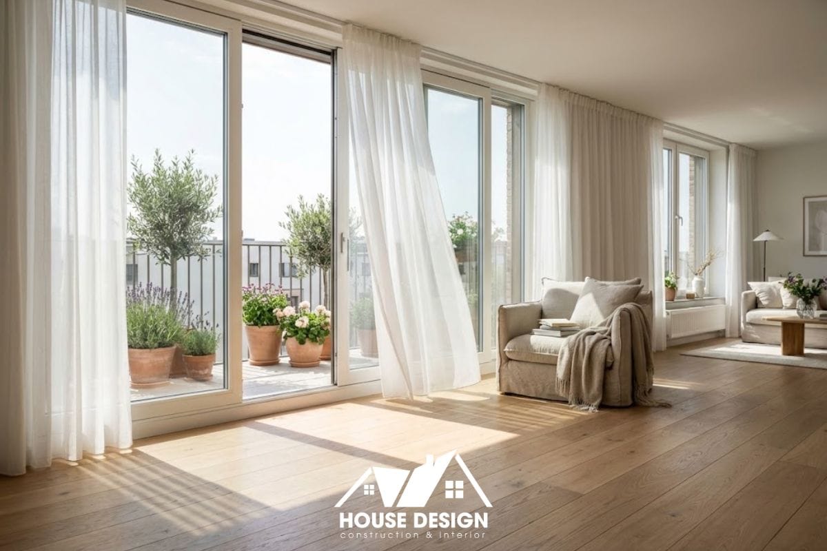 Phòng khách chung cư hiện đại tràn ngập ánh sáng nhờ cửa kính lớn nhìn ra ban công xanh.