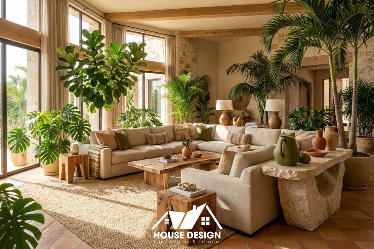 Phòng khách Eco-Luxury tràn ngập cây xanh và ánh sáng tự nhiên với nội thất gỗ mộc.