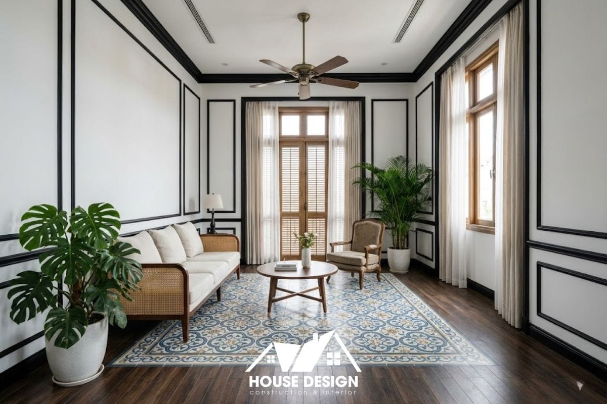 Phòng khách chung cư phong cách Indochine Minimalism pha trộn nét truyền thống và hiện đại.