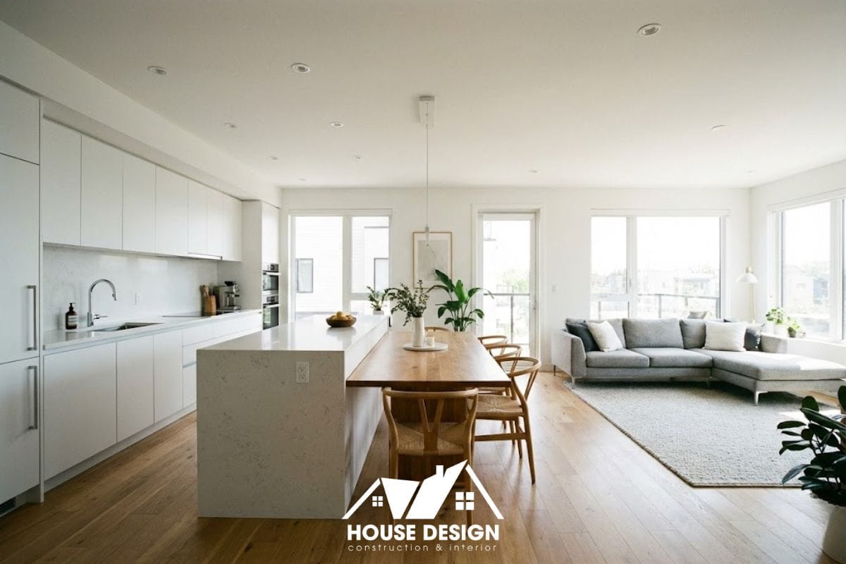 thiết kế phòng khách liền bếp không gian mở trong căn hộ hiện đại