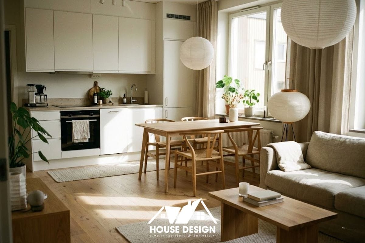 thiết kế phòng khách liền bếp không vách ngăn giúp căn hộ nhỏ thoáng đãng