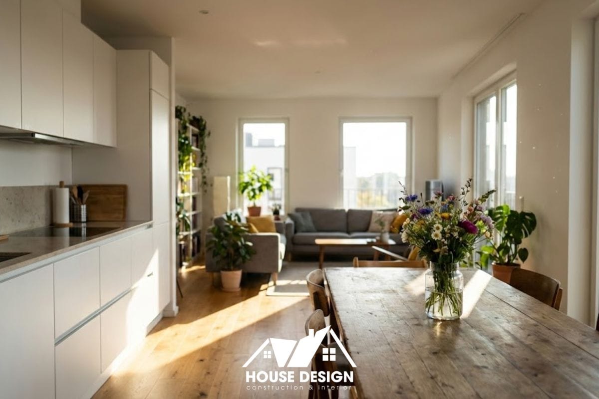 Thiết kế phòng khách thông bếp không vách ngăn giúp tối ưu diện tích.