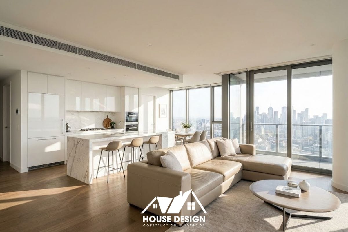 toàn cảnh phòng khách liền bếp chung cư hiện đại với nội thất da và đá marble