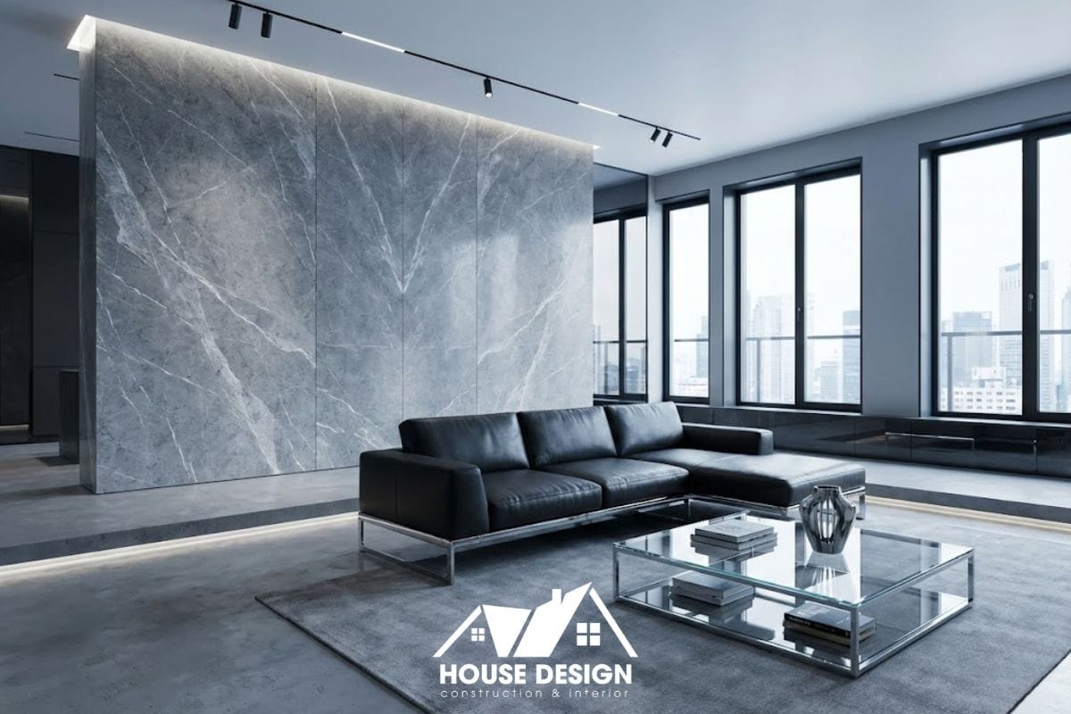 Phòng khách hiện đại tối giản với vách ốp đá marble và nội thất kim loại cao cấp.