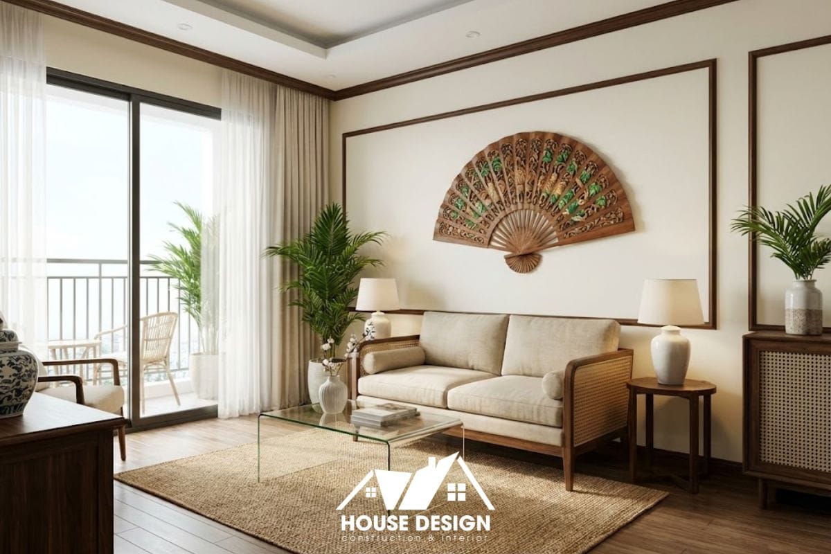 Không gian phòng khách nhỏ thiết kế phong cách Indochine với tông màu kem sáng thoáng đãng.