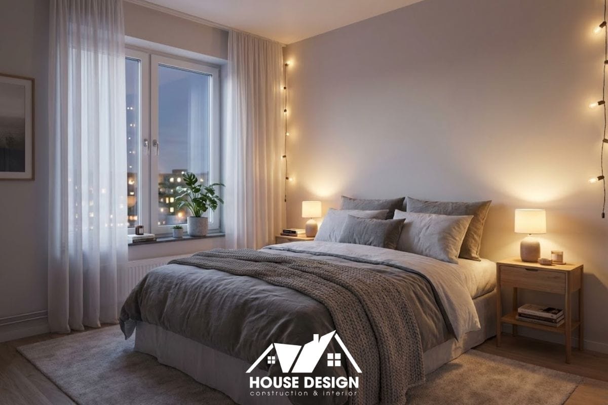 Phòng ngủ chung cư hiện đại diện tích nhỏ được thiết kế ấm cúng với đèn ngủ và tranh treo tường.