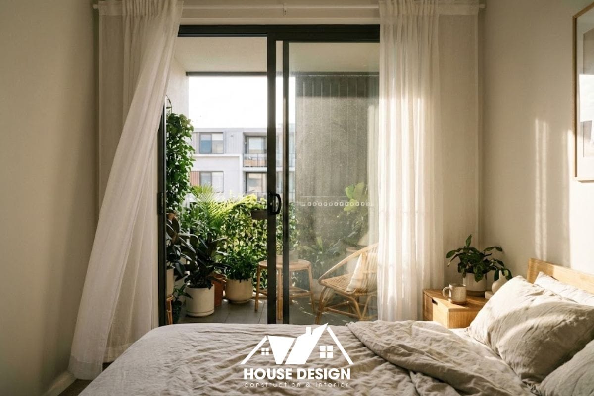 phòng ngủ nhỏ có cửa kính lớn nhìn ra ban logia xanh mát