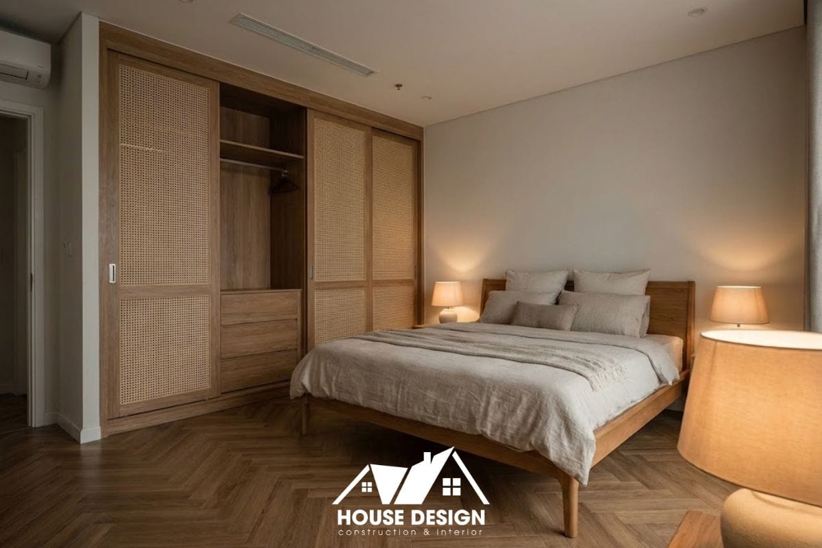 Thiết kế phòng ngủ chung cư phong cách Indochine với hệ tủ quần áo cánh mây.