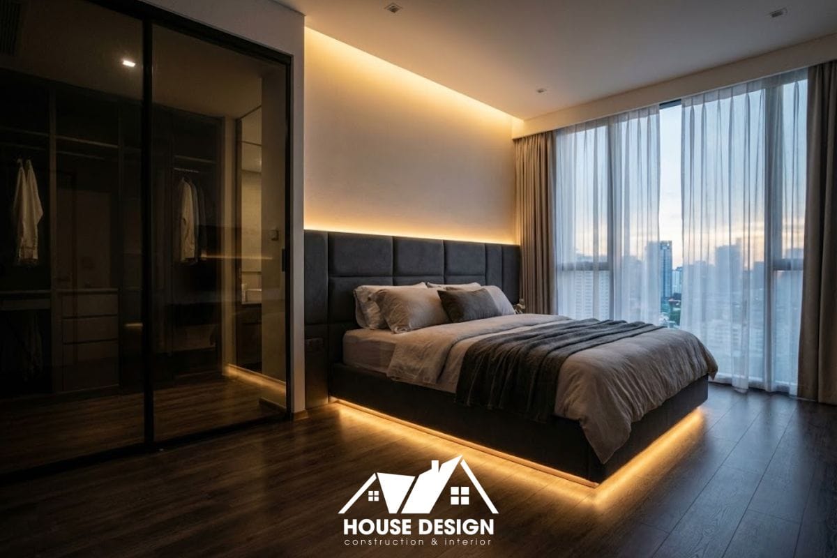 Thiết kế phòng ngủ Master phong cách hiện đại với vách kính ngăn khu thay đồ và vệ sinh khép kín.