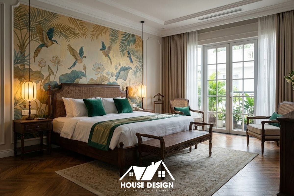 Tổng thể phòng ngủ master trong chung cư phong cách Indochine với giường gỗ và vách đầu giường họa tiết.