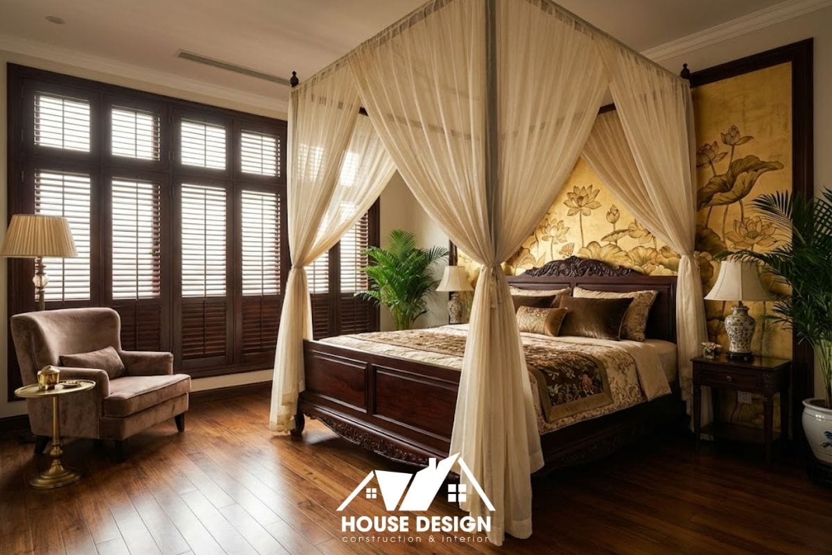 Nội thất phòng ngủ Master rộng rãi trong chung cư phong cách Indochine với giường gỗ lớn và vách đầu giường họa tiết.