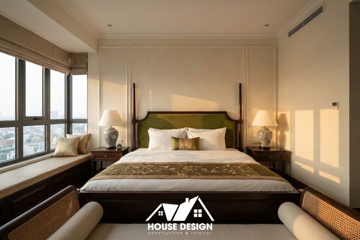 Phòng ngủ Master chung cư phong cách Indochine sang trọng với vách đầu giường bọc nỉ.