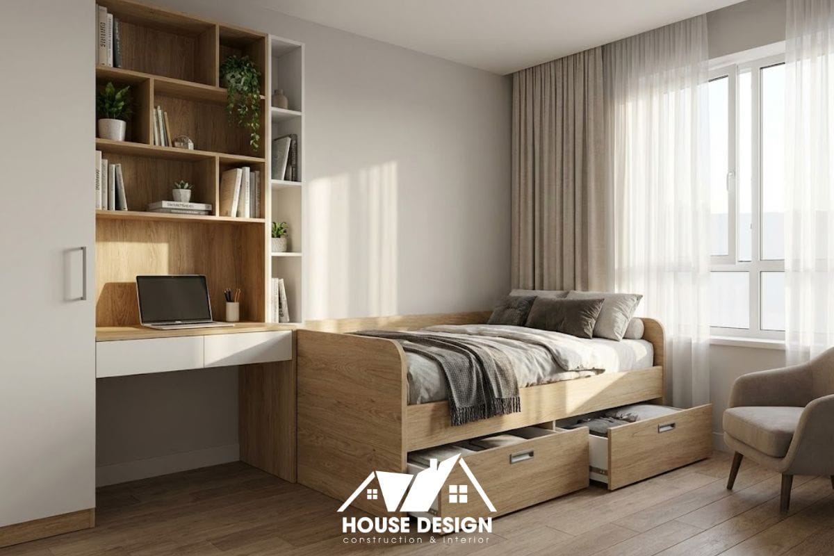Phòng ngủ nhỏ trong chung cư hiện đại thiết kế giường thông minh kết hợp bàn học.