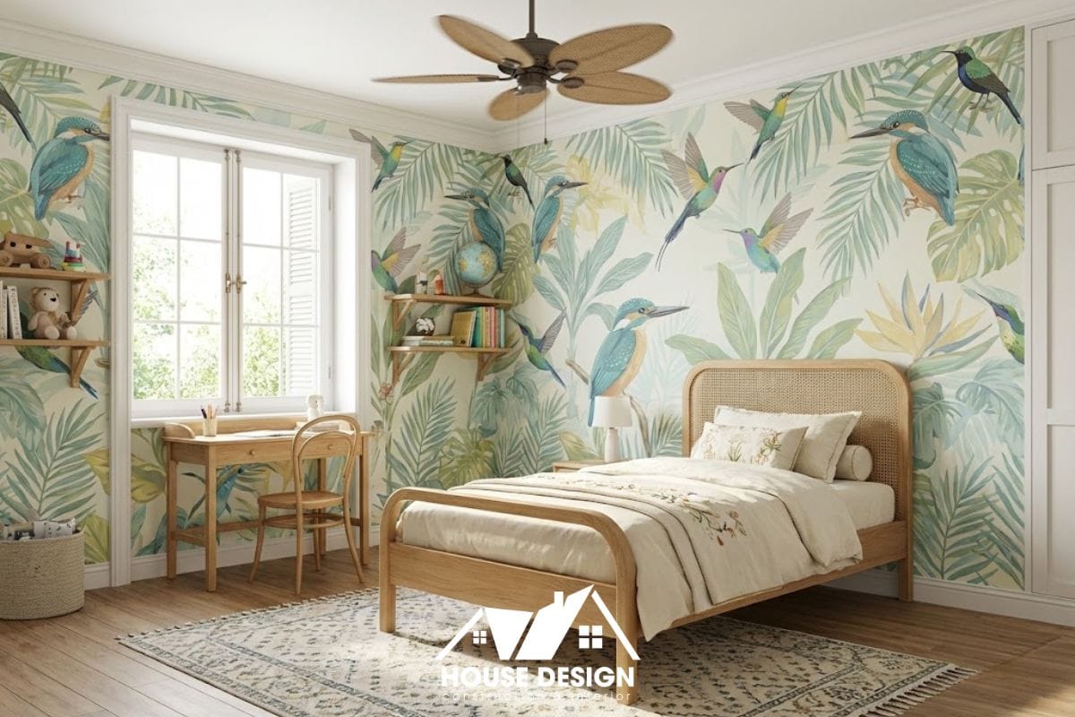 Phòng ngủ phụ phong cách Indochine Tropical trẻ trung cho chung cư 2 phòng ngủ.