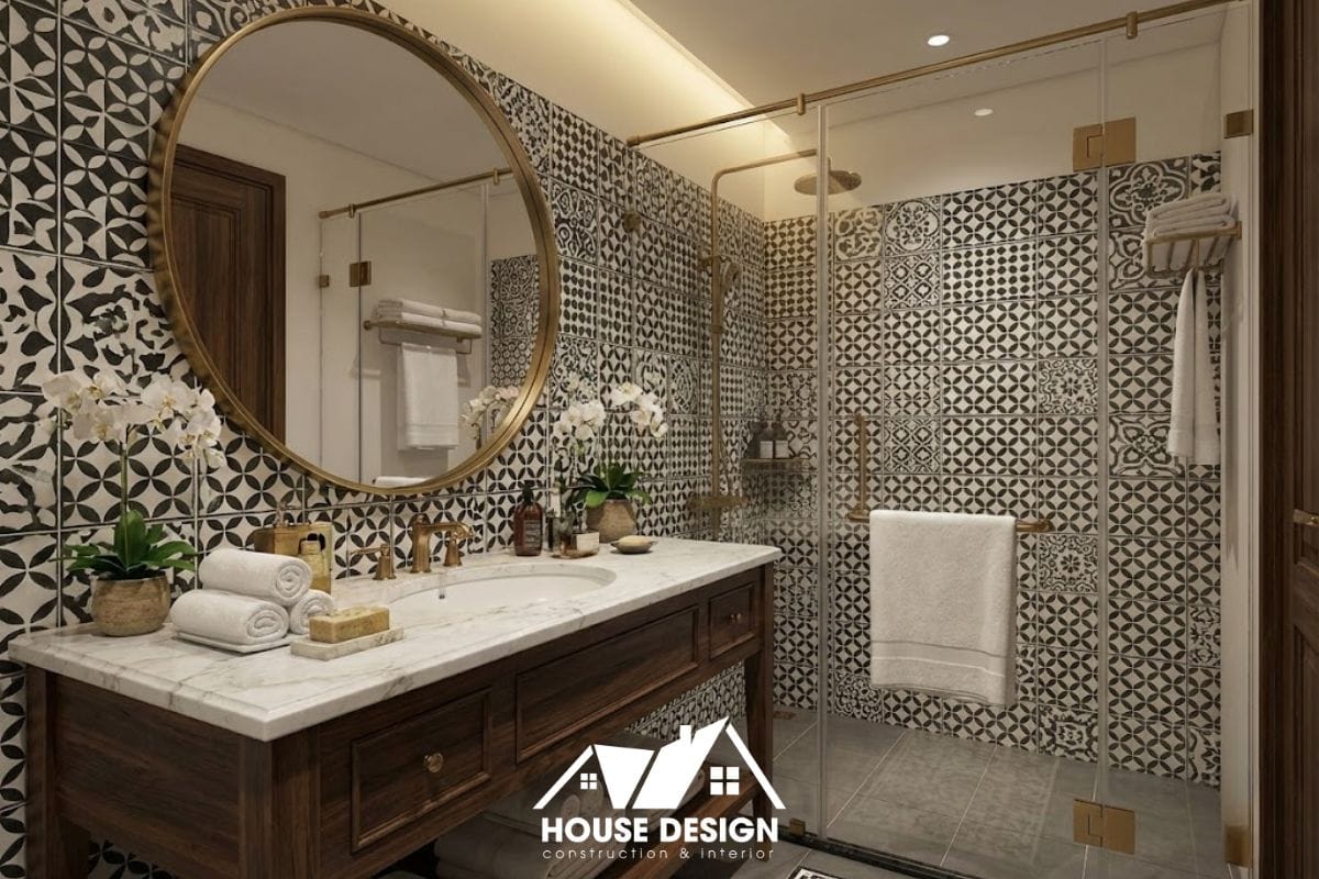 Phòng tắm chung cư phong cách Indochine sử dụng gạch ốp lát họa tiết kỷ hà.