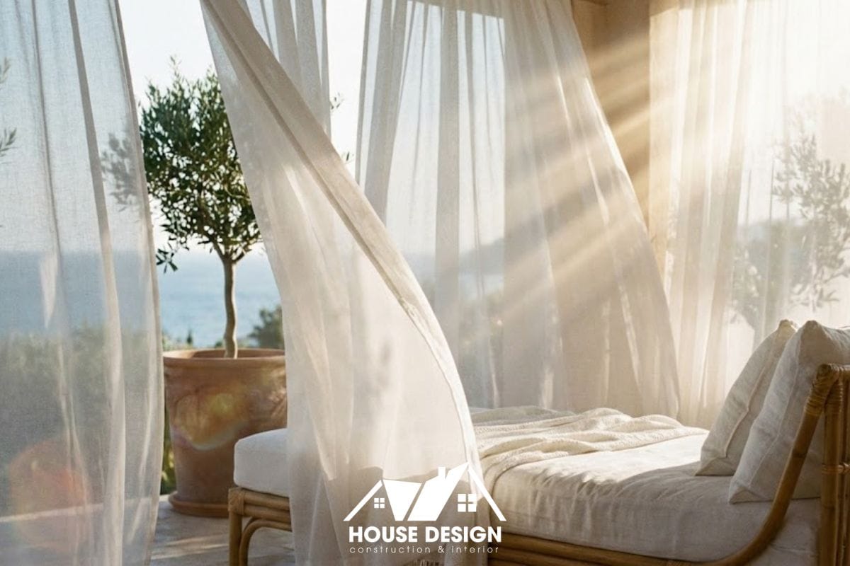 Rèm voan trắng che nắng logia chung cư tạo cảm giác resort.