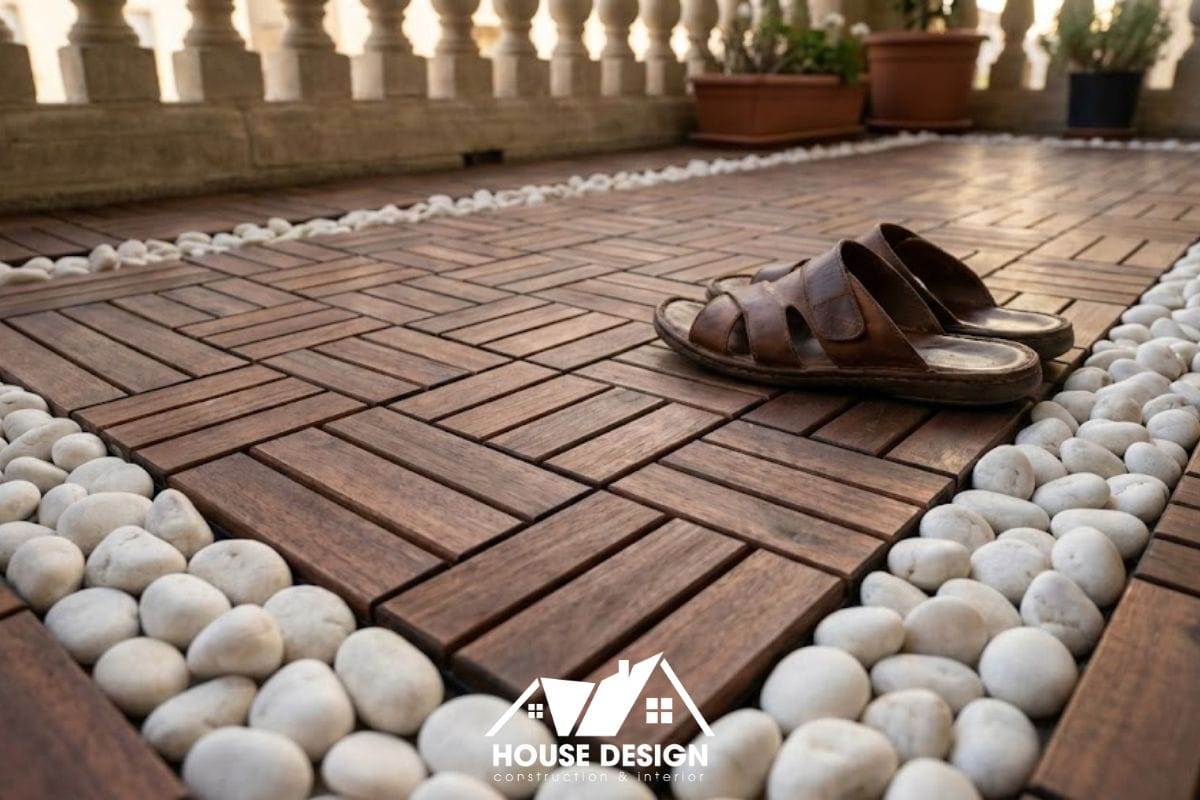 Lát sàn gỗ logia chung cư kết hợp sỏi trắng cao cấp.