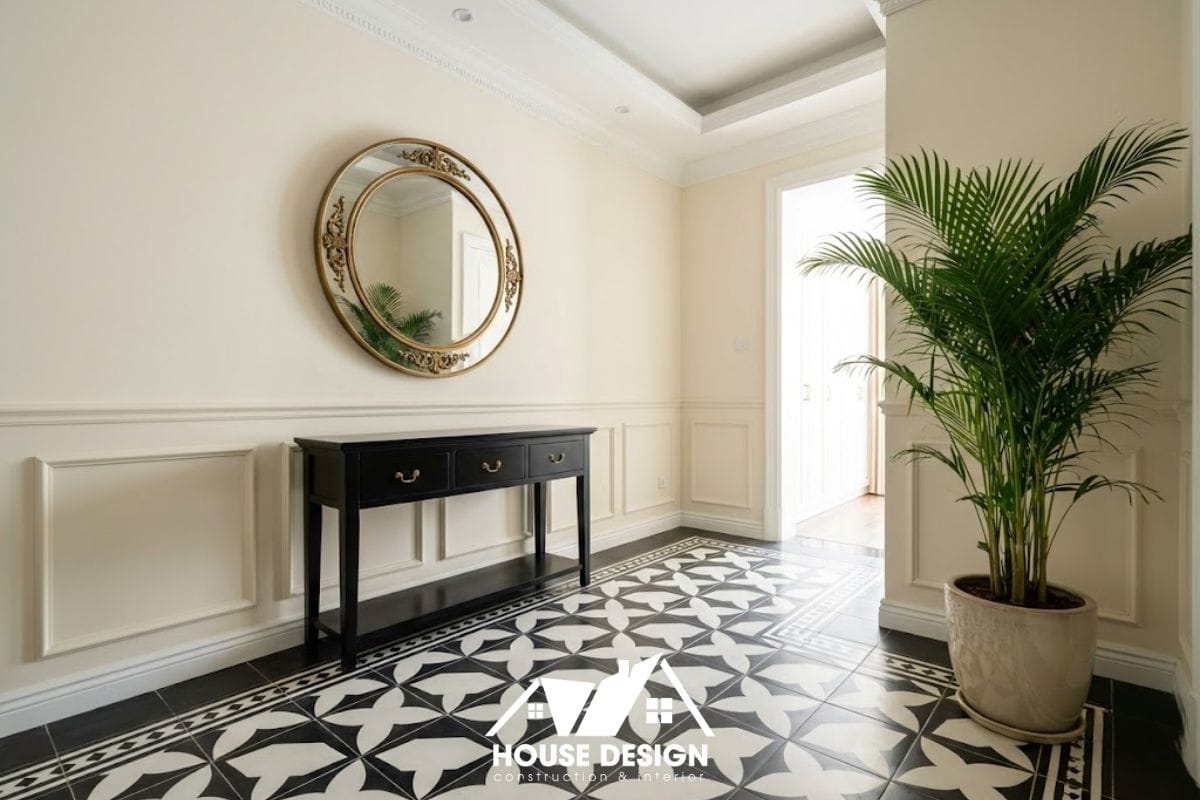 Lối vào căn hộ chung cư lát gạch bông họa tiết và bàn console phong cách Indochine.