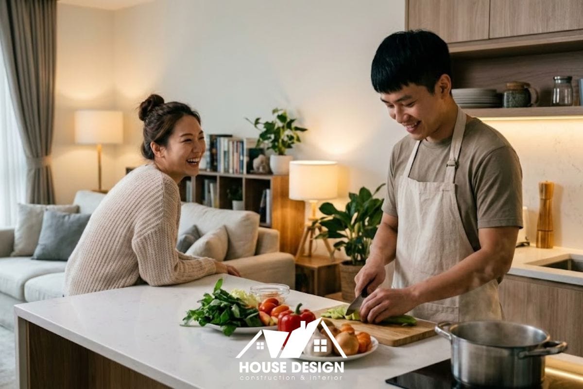 Vợ chồng trẻ đang trò chuyện vui vẻ trong không gian phòng khách liền bếp chung cư.