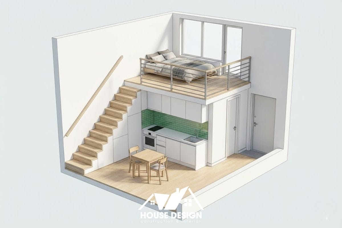 bố trí 3D khu bếp và bàn ăn dưới gác lửng cho căn hộ nhỏ