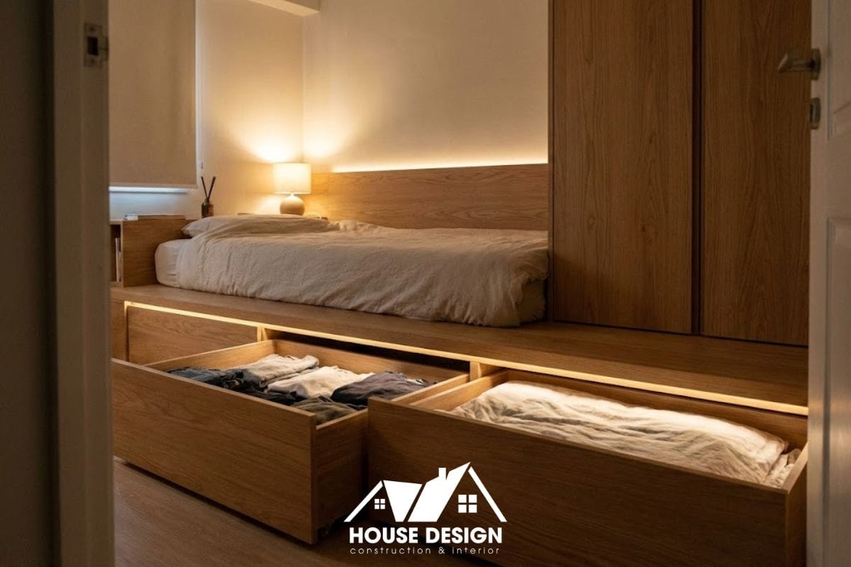 sơ đồ 3D căn hộ 15m2 với bục giường gỗ nâng cao và tủ lưu trữ bên dưới