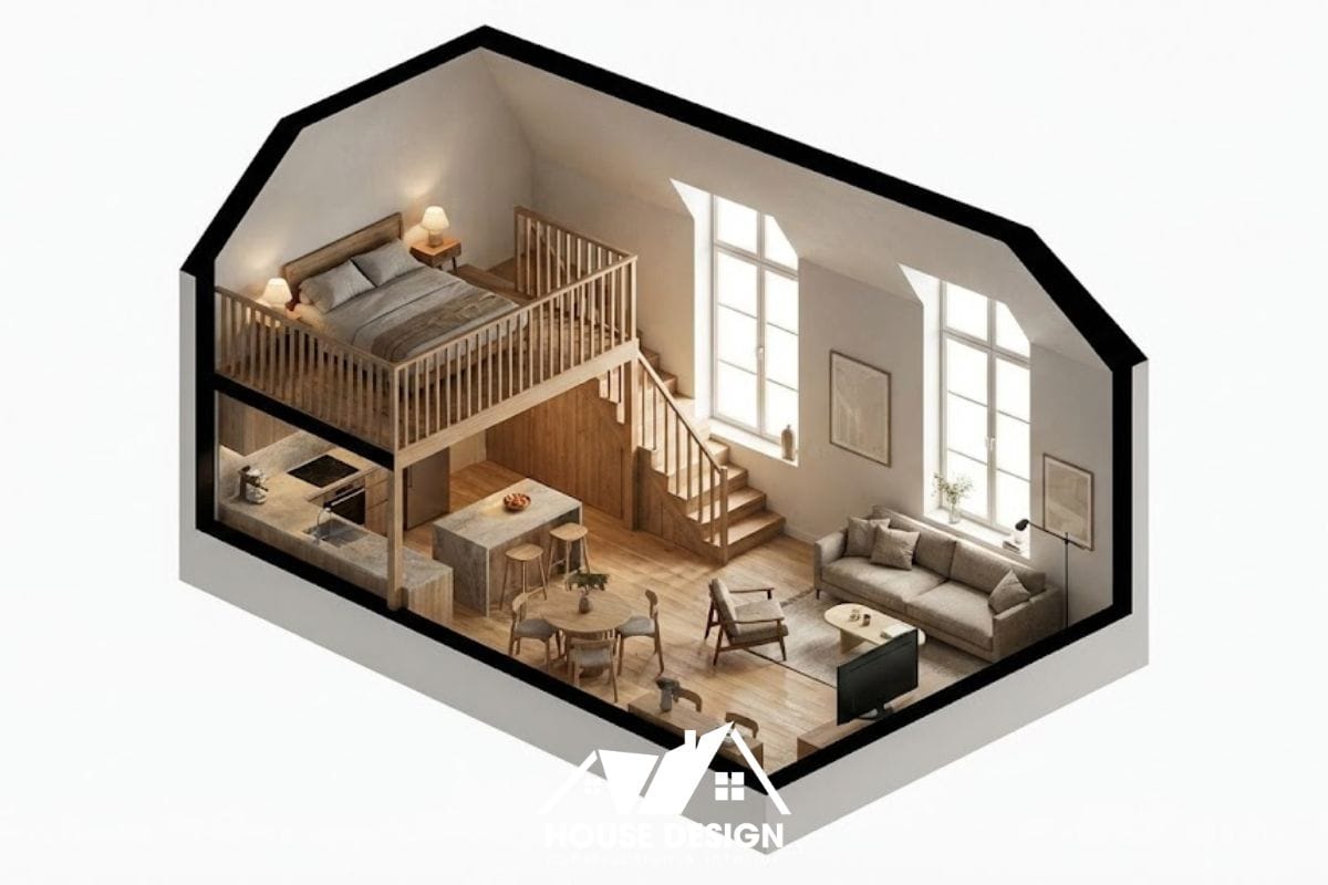Bản vẽ 3D căn hộ 30m2 có gác lửng và cầu thang gỗ ở giữa.