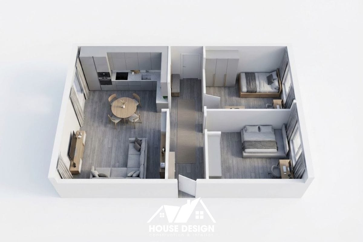 Sơ đồ 3D căn hộ 65m2 chia hai khối sinh hoạt và ngủ nghỉ với hành lang giữa