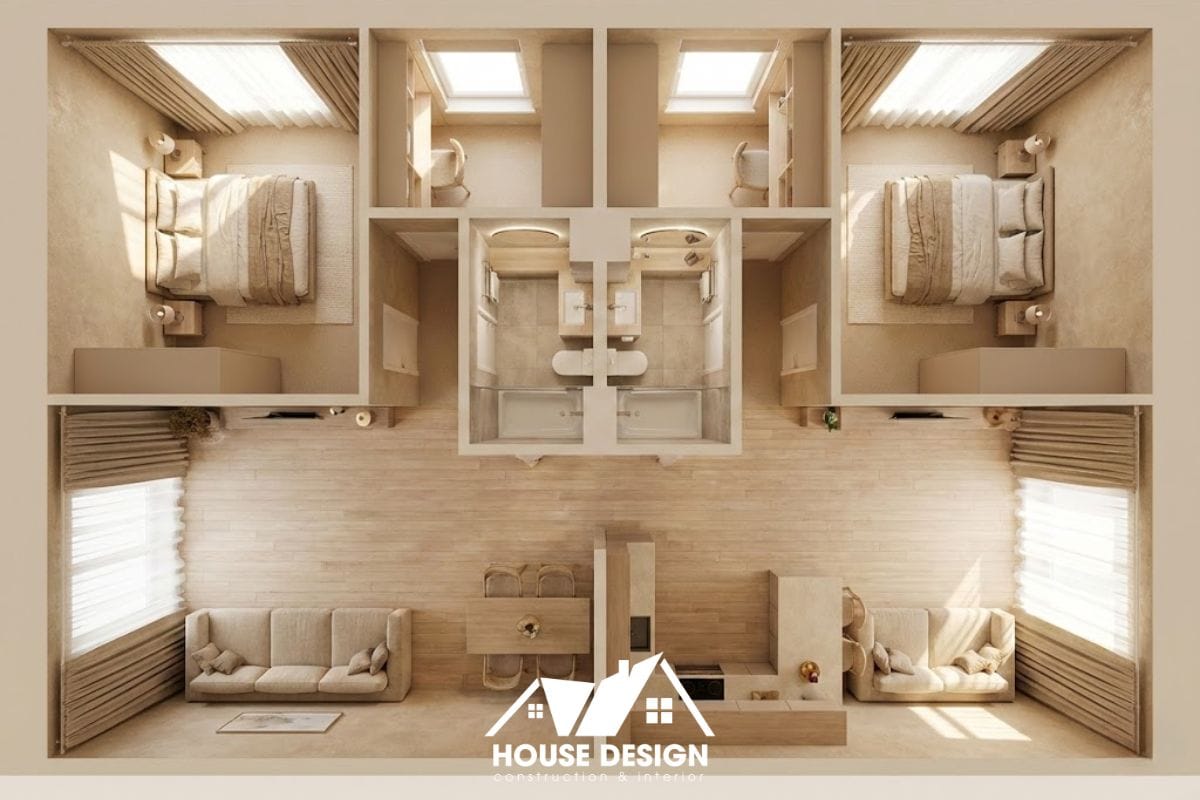 Bản vẽ 3D căn hộ 70m2 bố trí WC ở giữa và hai phòng ngủ đối xứng