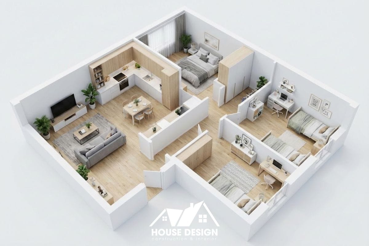 Sơ đồ 3D căn hộ 70m2 bố trí lối vào thoáng rộng liền kề phòng khách và bếp.