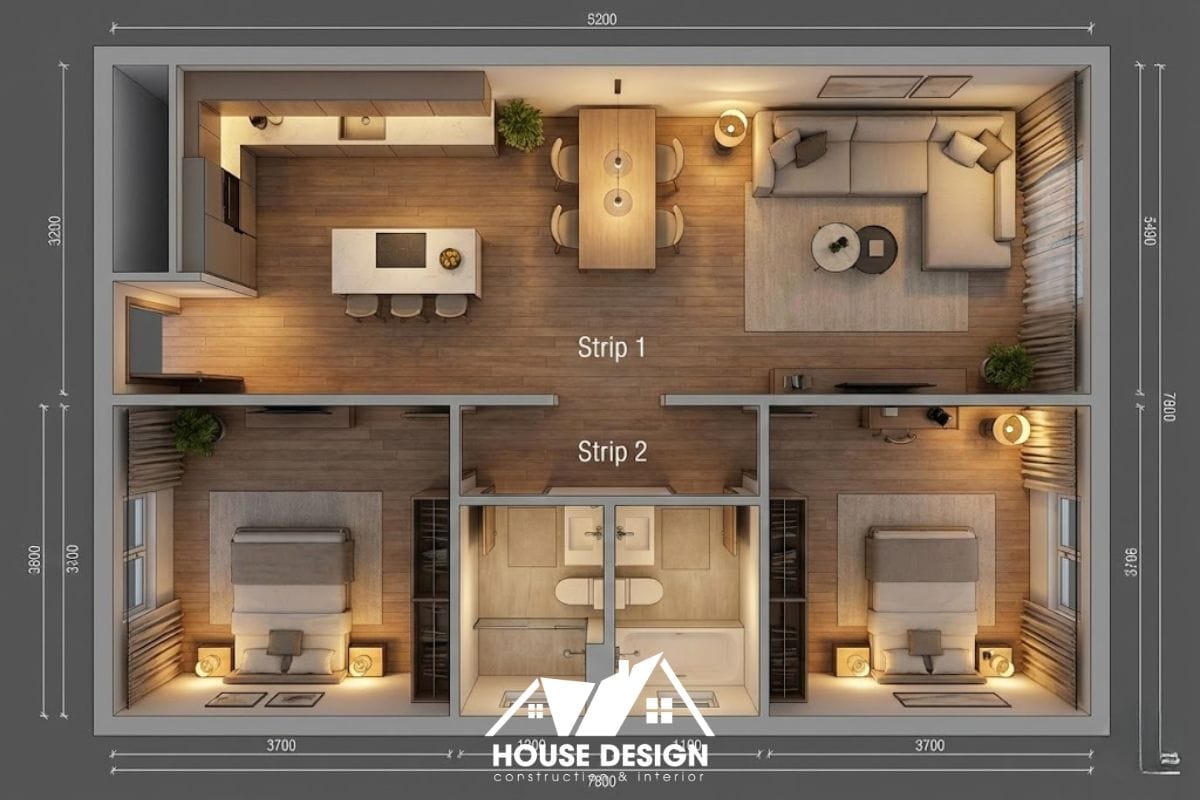 Mặt bằng 3D căn hộ 80m2 chia hai dải: dải sinh hoạt chung và dải phòng ngủ