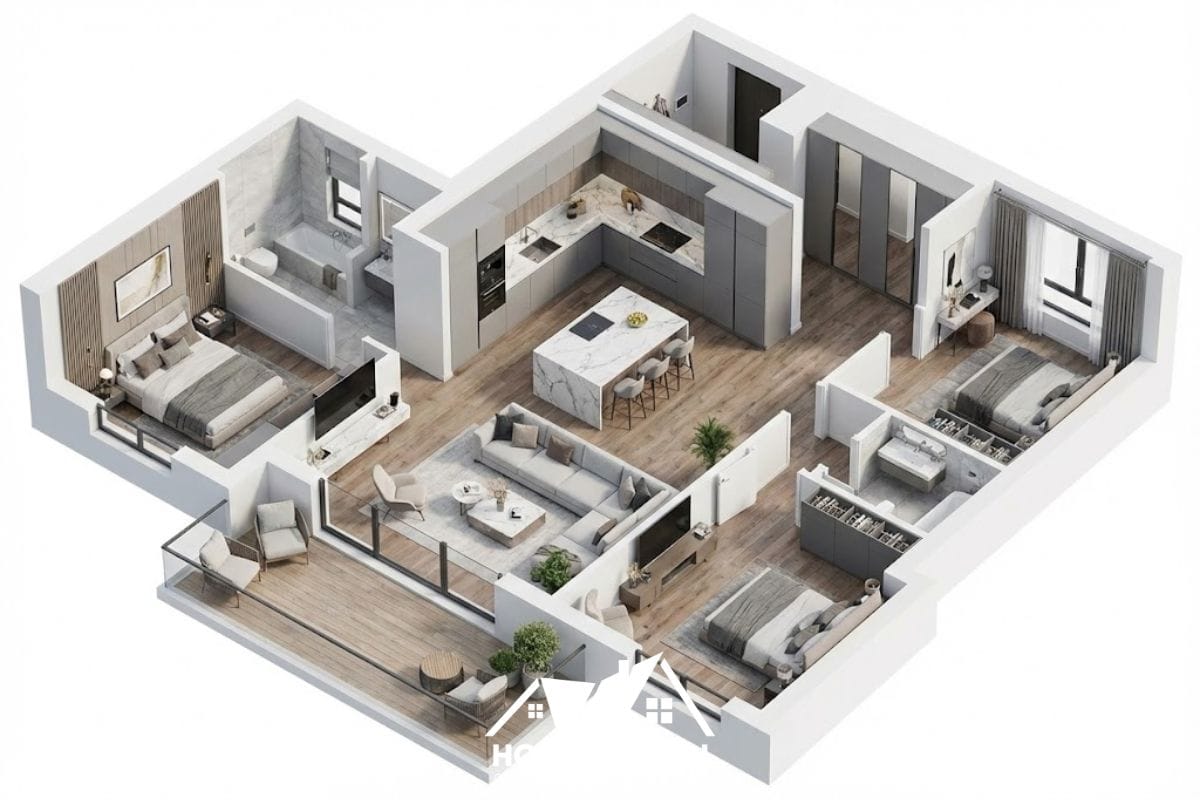 Sơ đồ 3D căn hộ với bếp chữ U và đảo bếp trung tâm hiện đại