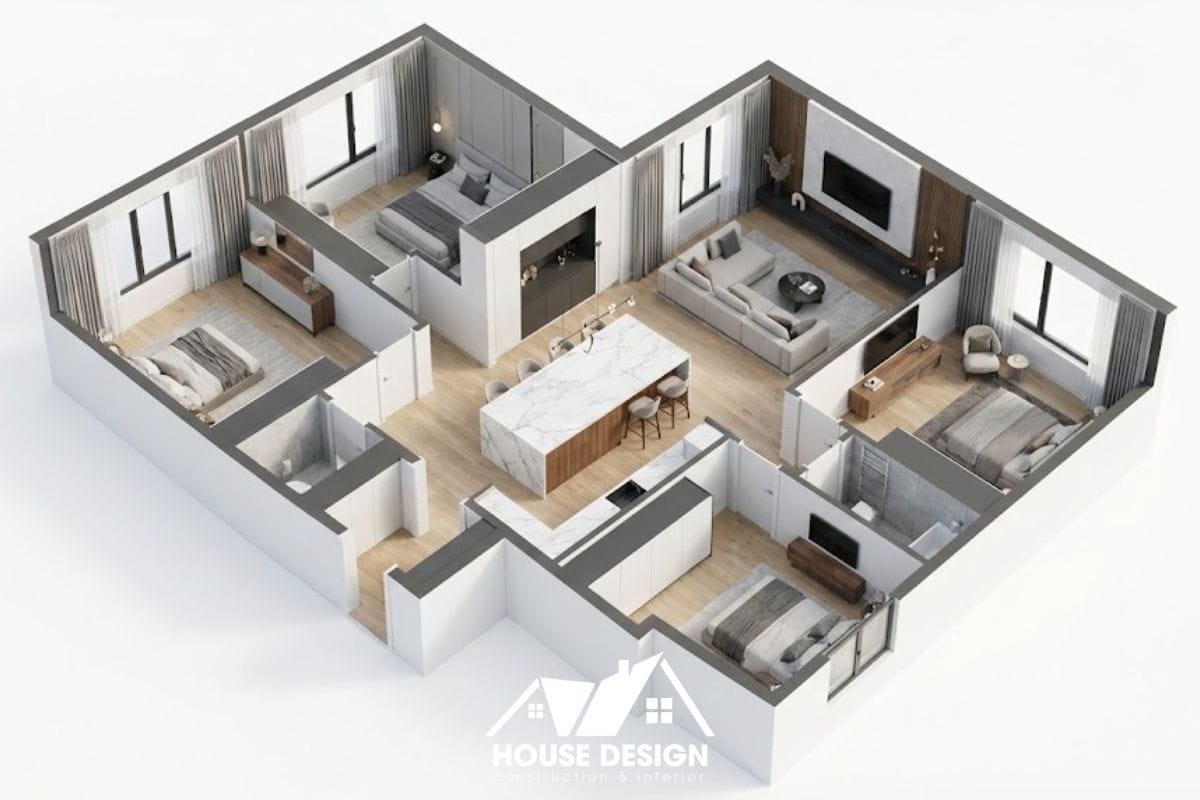 Thiết kế 3D căn hộ có đảo bếp trung tâm tạo luồng di chuyển vòng tròn tiện lợi.