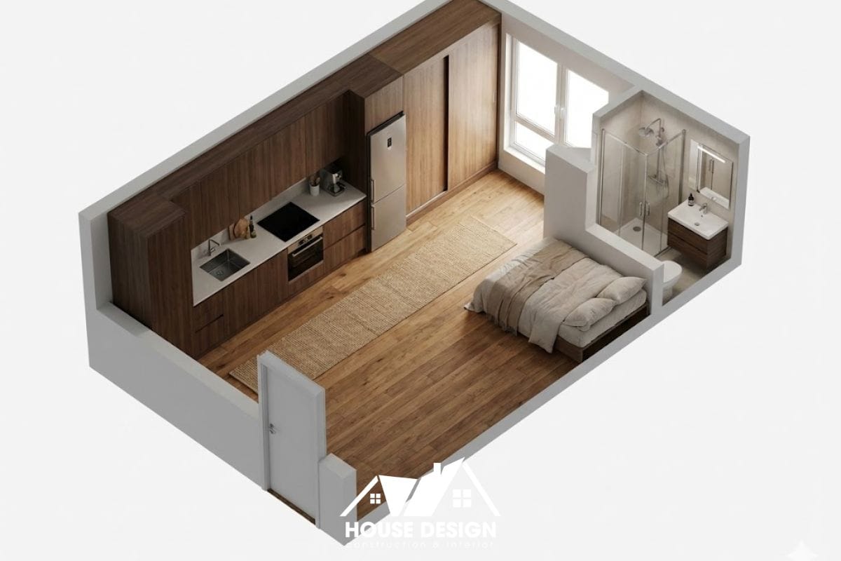 Bản vẽ 3D căn hộ đơn giản với bếp đối diện giường ngủ.