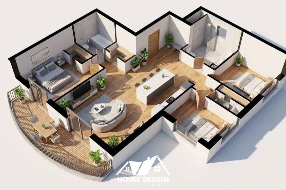 Sơ đồ 3D căn hộ layout chữ L với ban công rộng rãi đặt bàn ăn.