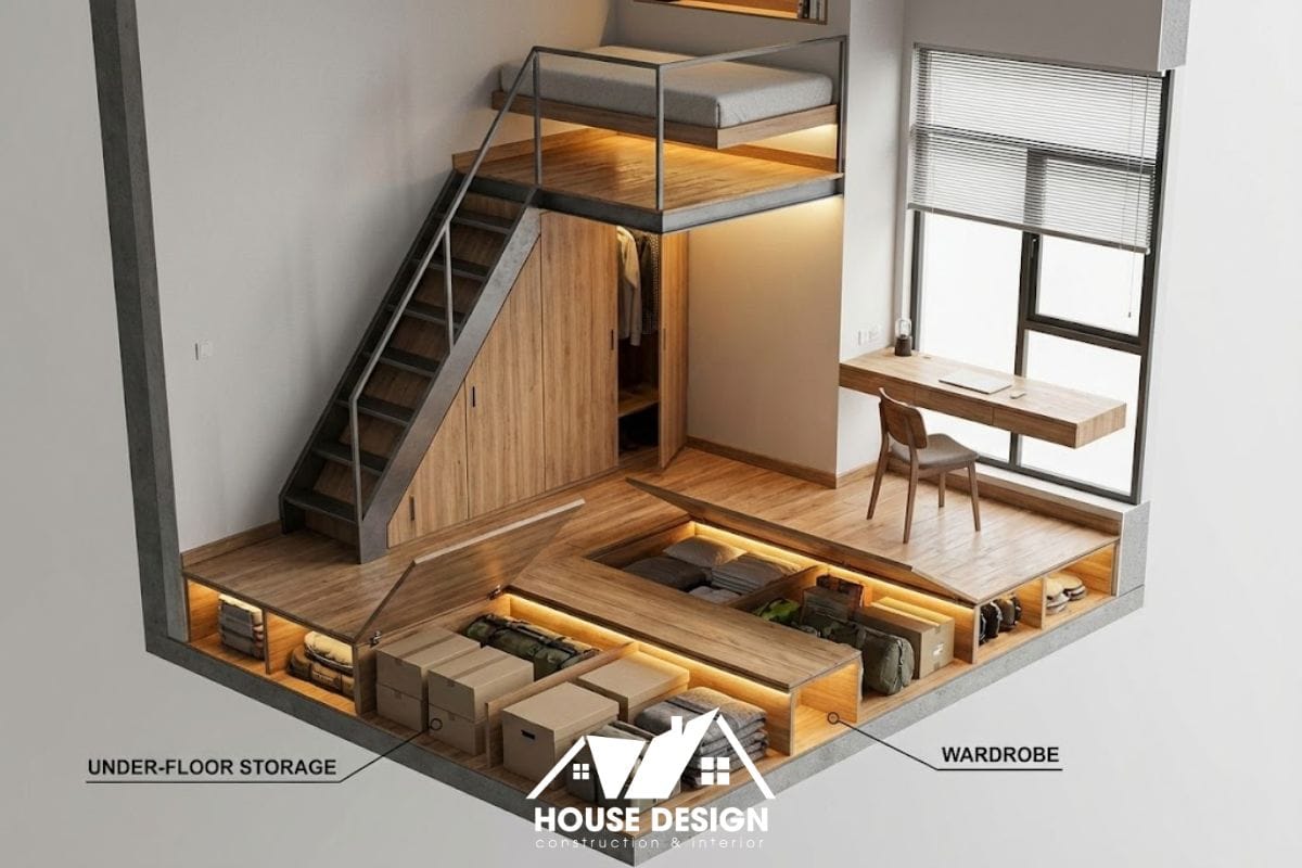 sơ đồ 3D căn hộ thông minh 15m2 tận dụng kho âm sàn và gác lửng