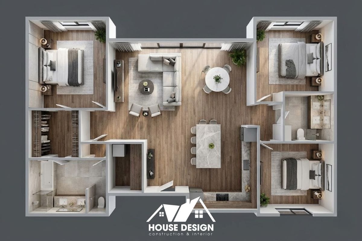 Thiết kế 3D căn hộ đối xứng: phòng khách ở giữa, hai phòng ngủ hai bên