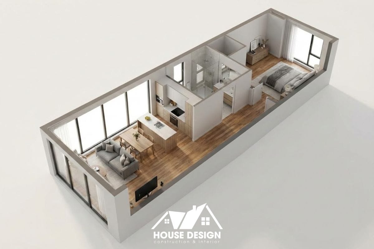 Sơ đồ 3D căn hộ chạy dài với hành lang kết nối phòng khách và phòng ngủ