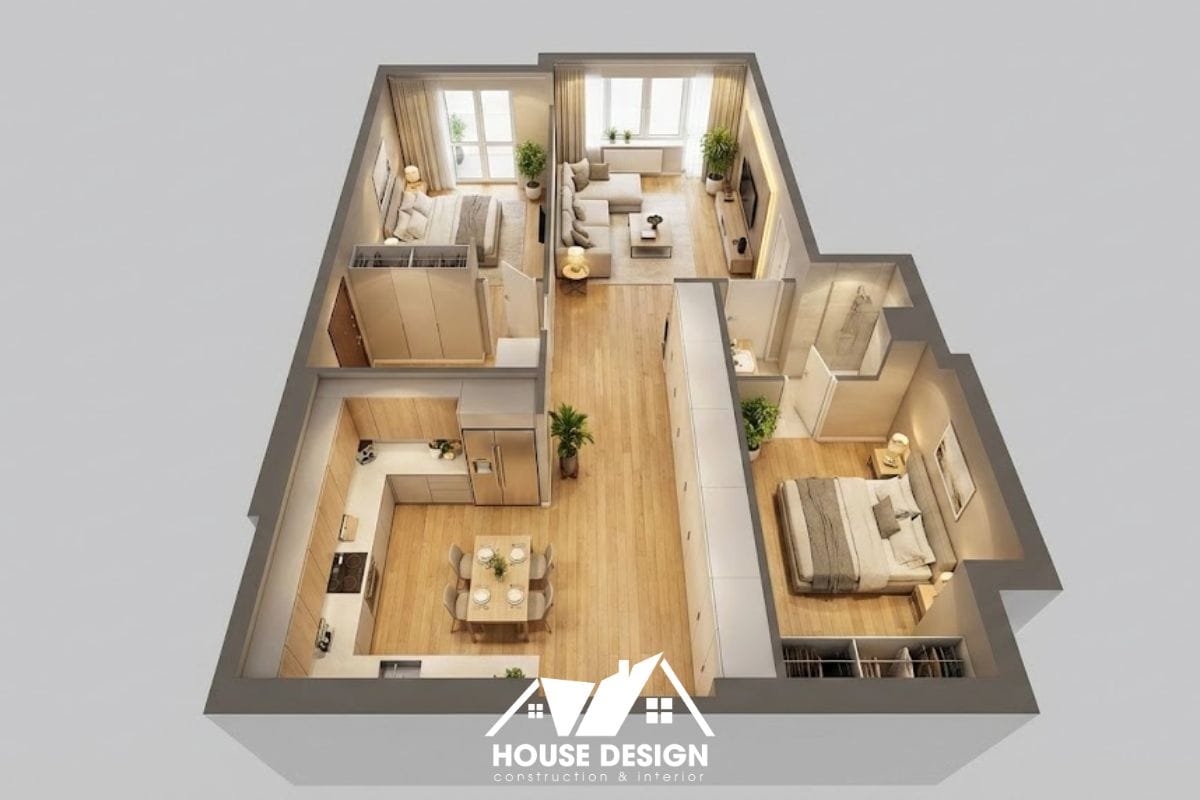 Bản vẽ 3D căn hộ có hành lang dài kết hợp tủ âm tường tiết kiệm diện tích.