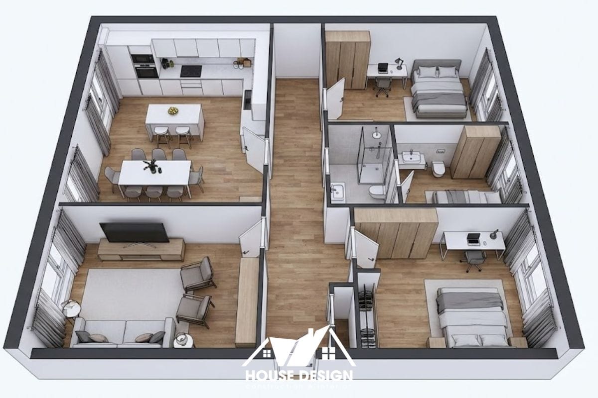 Mặt bằng 3D bố trí song song phân chia rõ khu vực sinh hoạt và phòng ngủ.