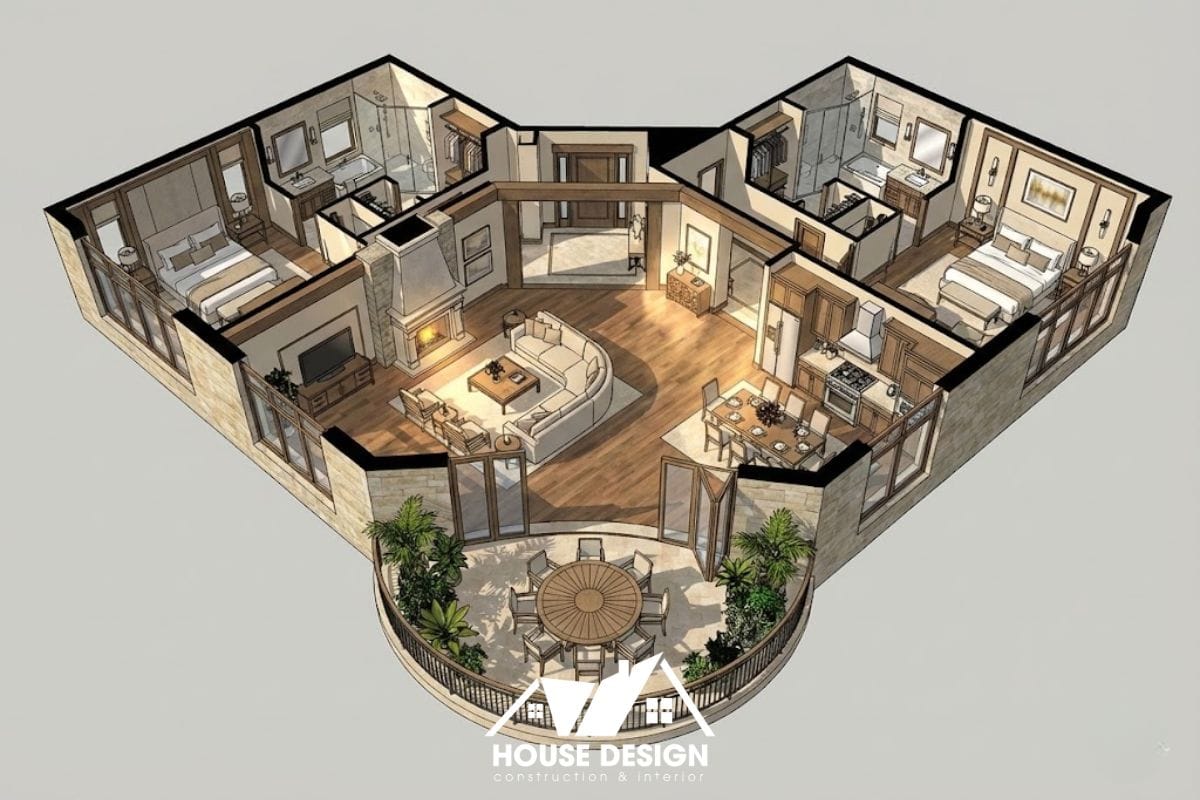 Thiết kế 3D căn hộ có logia tròn độc đáo và phòng khách trung tâm