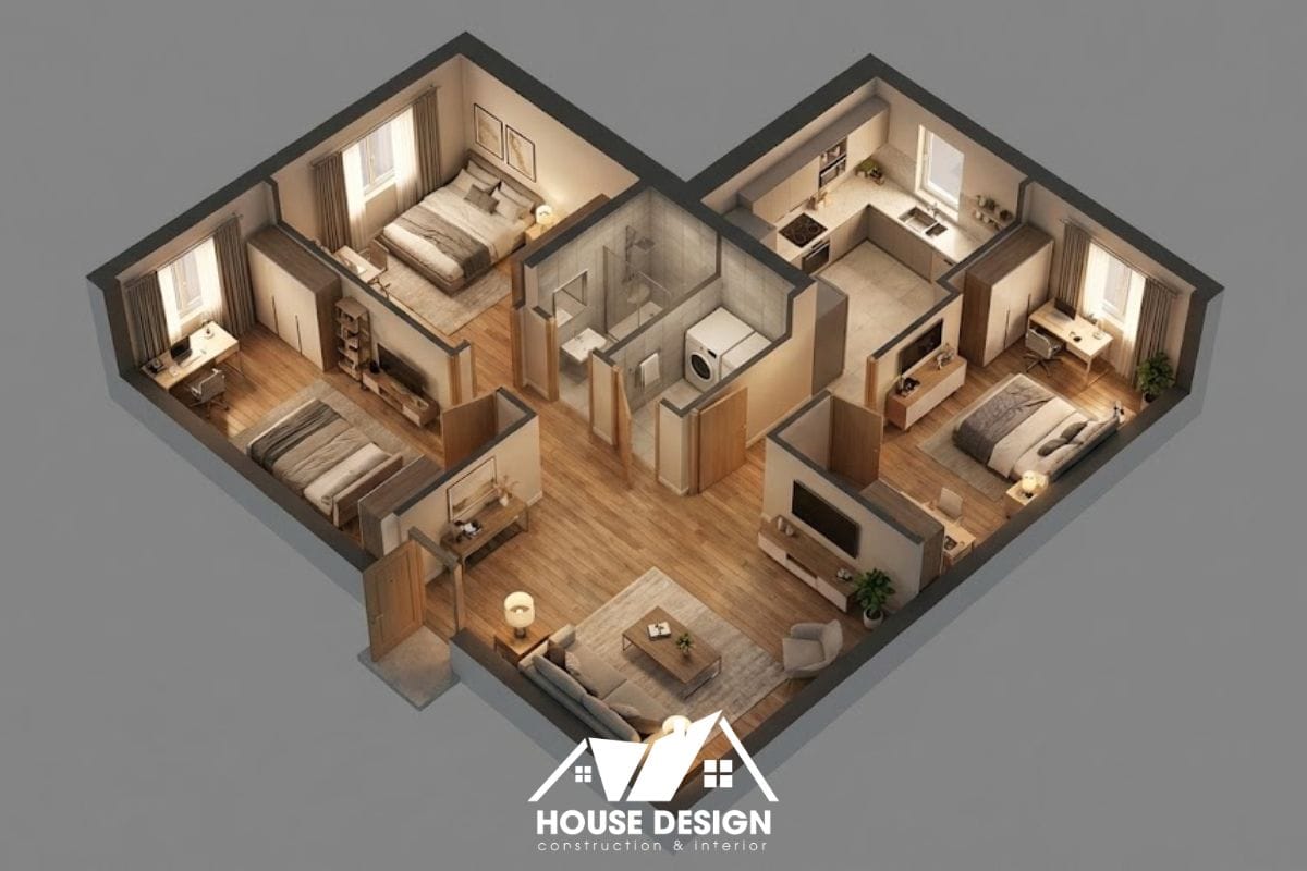 Sơ đồ 3D căn hộ với phòng khách trung tâm kết nối trực tiếp 3 phòng ngủ.